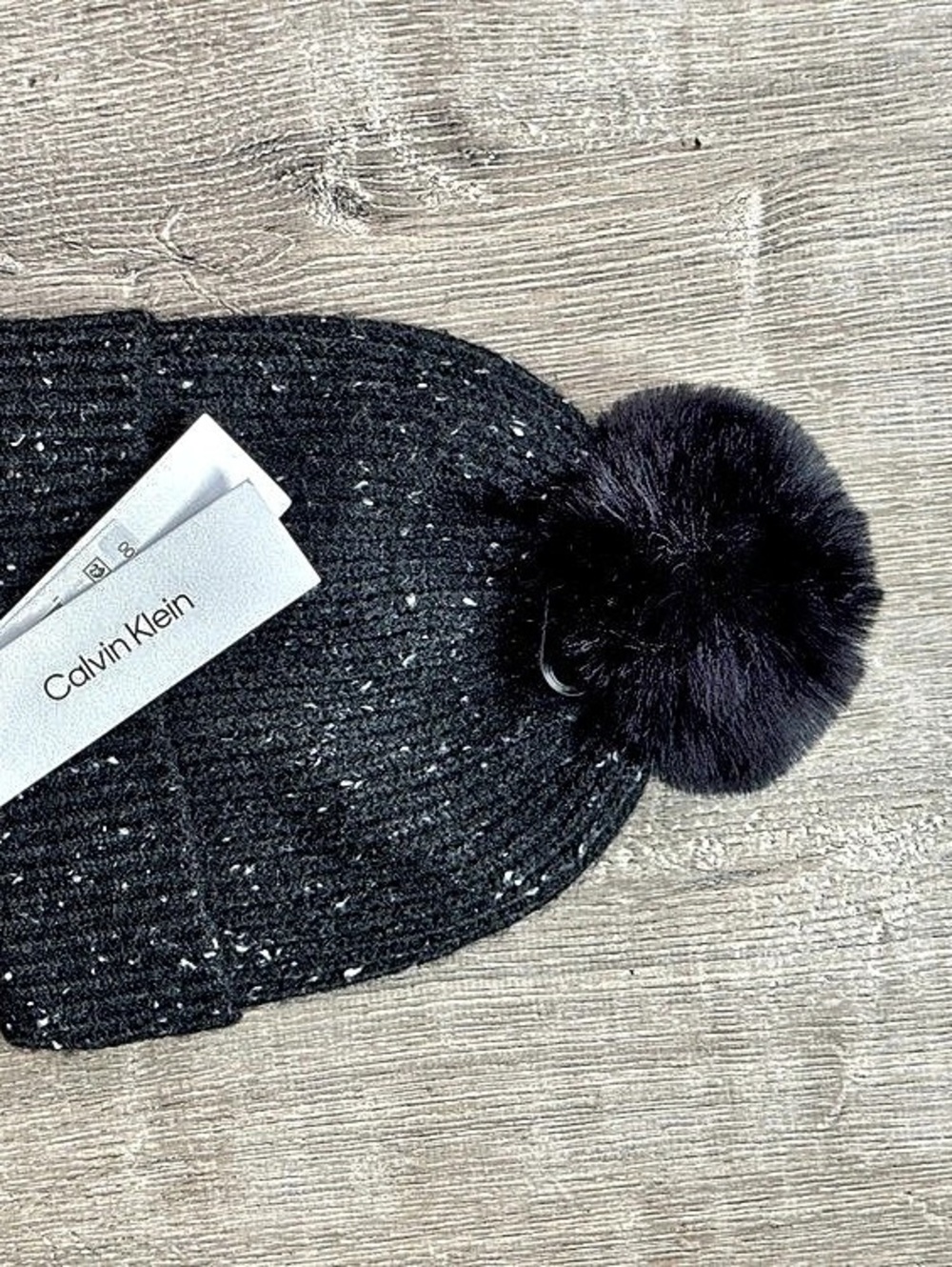 Calvin Klein Flecked Knit Pom-Pom Beanie Black - Picture 2 of 3
